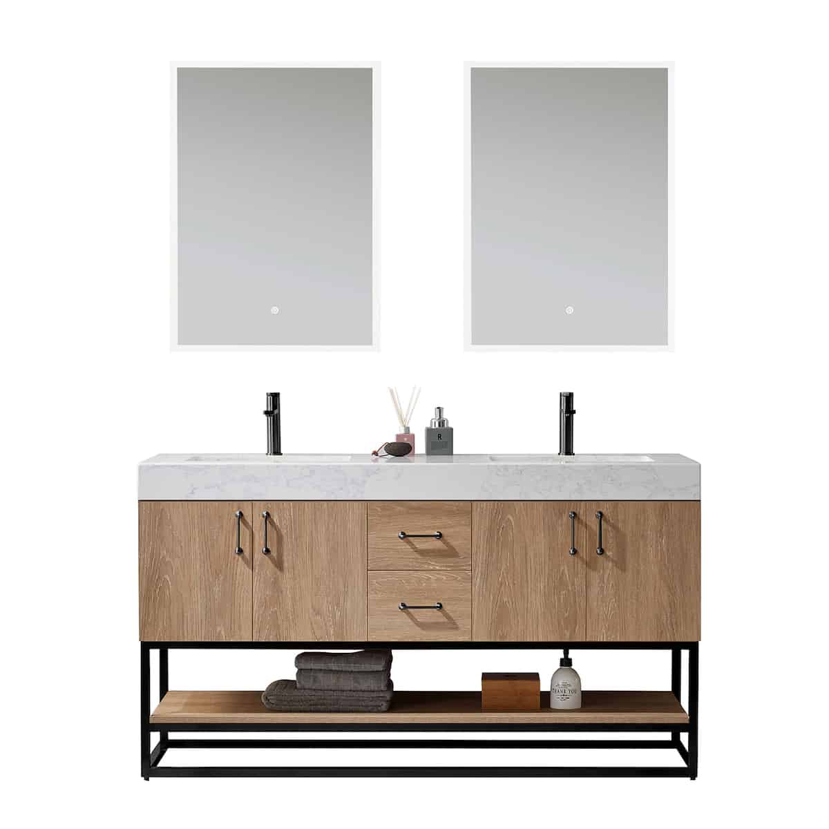 Vinnova Alistair 60 Inch Freestanding Double Vanity in North American Oak and Matte Black Frame with White Grain Stone Countertop With Mirrors 789060B-NO-GW