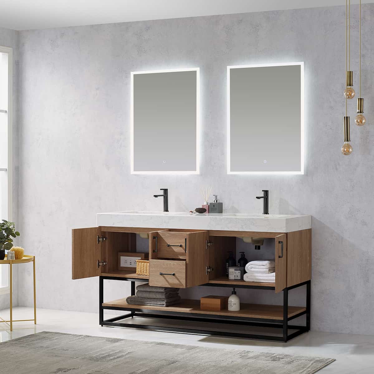 Vinnova Alistair 60 Inch Freestanding Double Vanity in North American Oak and Matte Black Frame with White Grain Stone Countertop With Mirrors Inside 789060B-NO-GW