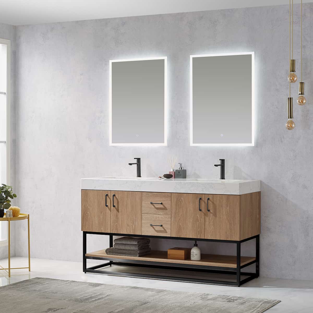 Vinnova Alistair 60 Inch Freestanding Double Vanity in North American Oak and Matte Black Frame with White Grain Stone Countertop With Mirrors Side 789060B-NO-GW