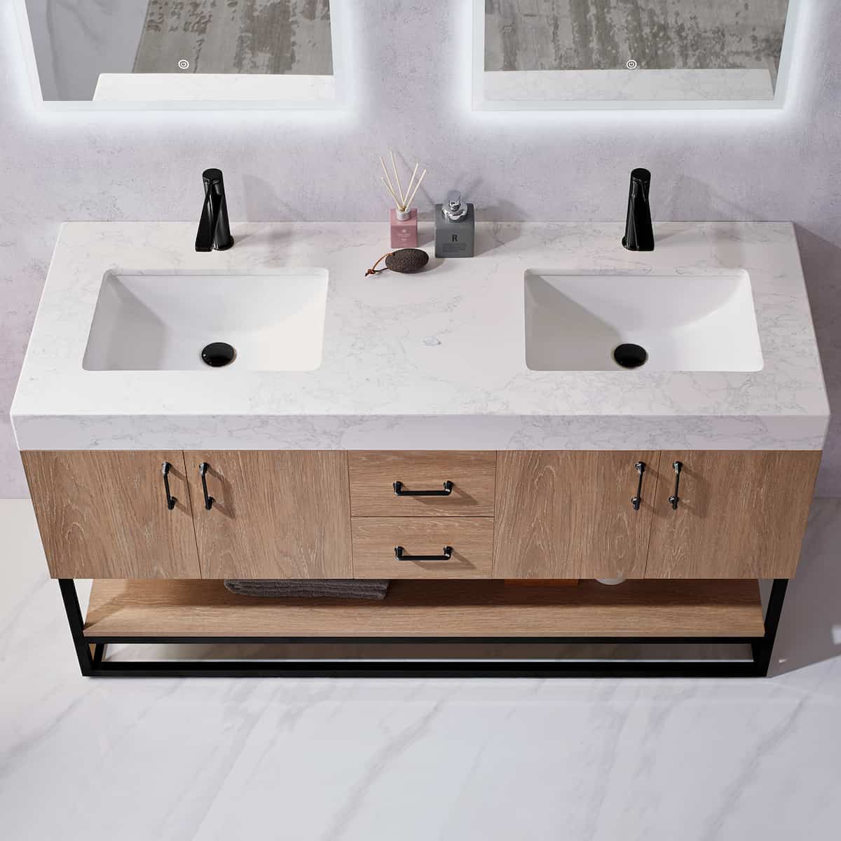Vinnova Alistair 60 Inch Freestanding Double Vanity in North American Oak and Matte Black Frame with White Grain Stone Countertop With Mirrors Sinks 789060B-NO-GW