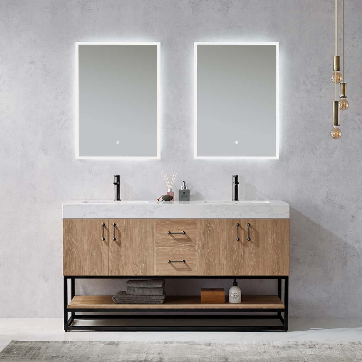 Vinnova Alistair 60 Inch Freestanding Double Vanity in North American Oak and Matte Black Frame with White Grain Stone Countertop With Mirrors in Bathroom 789060B-NO-GW
