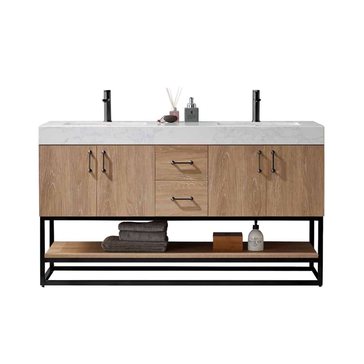 Vinnova Alistair 60 Inch Freestanding Double Vanity in North American Oak and Matte Black Frame with White Grain Stone Countertop Without Mirrors 789060B-NO-GW-NM