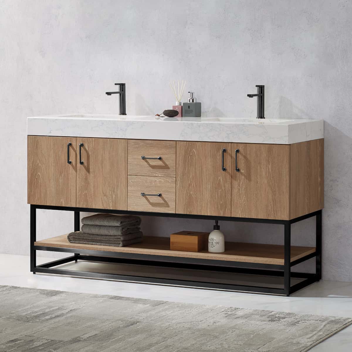 Vinnova Alistair 60 Inch Freestanding Double Vanity in North American Oak and Matte Black Frame with White Grain Stone Countertop Without Mirrors Side 789060B-NO-GW-NM