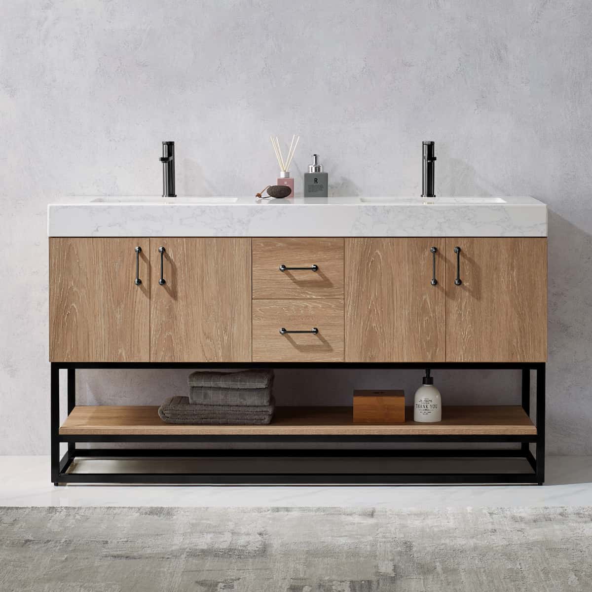 Vinnova Alistair 60 Inch Freestanding Double Vanity in North American Oak and Matte Black Frame with White Grain Stone Countertop Without Mirrors in Bathroom 789060B-NO-GW-NM