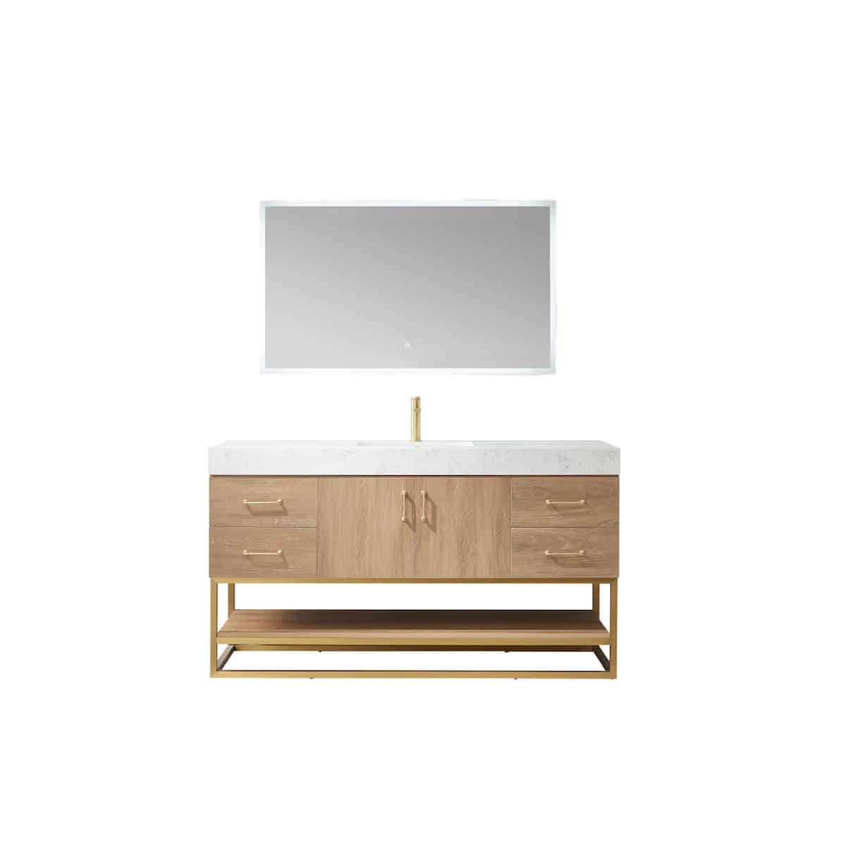Vinnova Alistair 60 Inch Freestanding Single Vanity in North American Oak and Brushed Gold Frame with White Grain Stone Countertop With Mirror 789060S-NO-GW