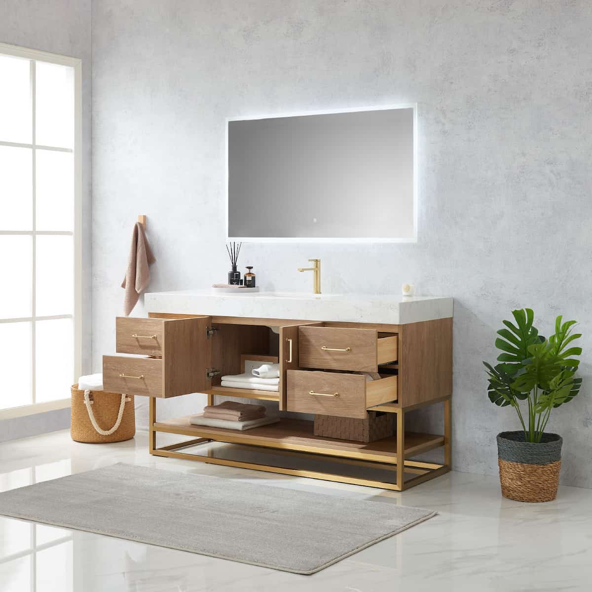 Vinnova Alistair 60 Inch Freestanding Single Vanity in North American Oak and Brushed Gold Frame with White Grain Stone Countertop With Mirror Inside 789060S-NO-GW