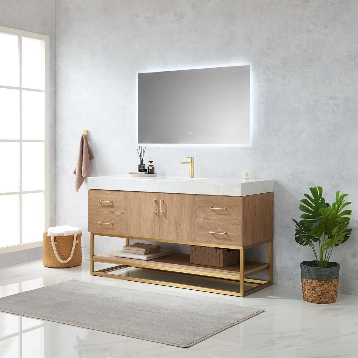 Vinnova Alistair 60 Inch Freestanding Single Vanity in North American Oak and Brushed Gold Frame with White Grain Stone Countertop With Mirror Side 789060S-NO-GW