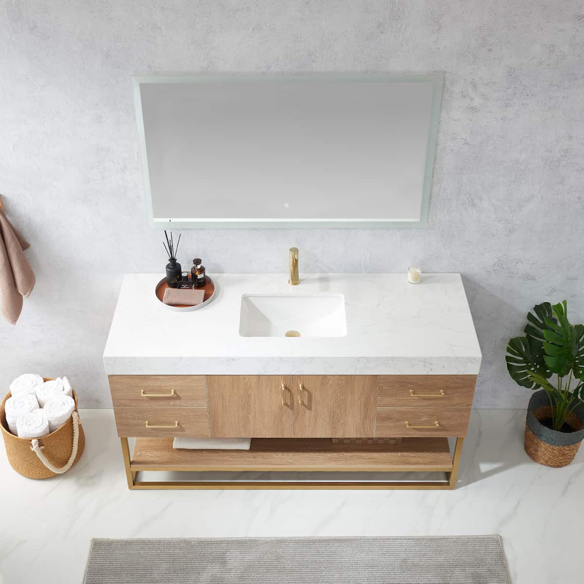 Vinnova Alistair 60 Inch Freestanding Single Vanity in North American Oak and Brushed Gold Frame with White Grain Stone Countertop With Mirror Sink 789060S-NO-GW