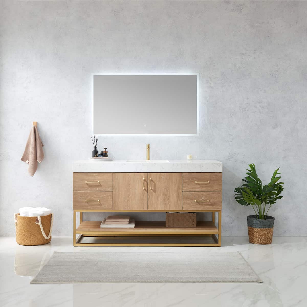 Vinnova Alistair 60 Inch Freestanding Single Vanity in North American Oak and Brushed Gold Frame with White Grain Stone Countertop With Mirror in Bathroom 789060S-NO-GW