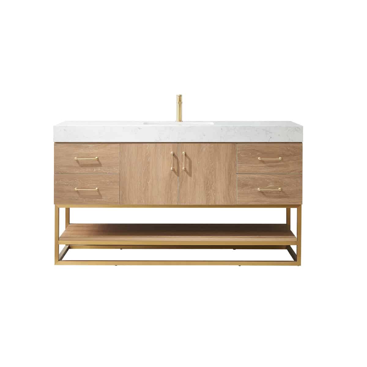 Vinnova Alistair 60 Inch Freestanding Single Vanity in North American Oak and Brushed Gold Frame with White Grain Stone Countertop Without Mirror 789060S-NO-GW-NM