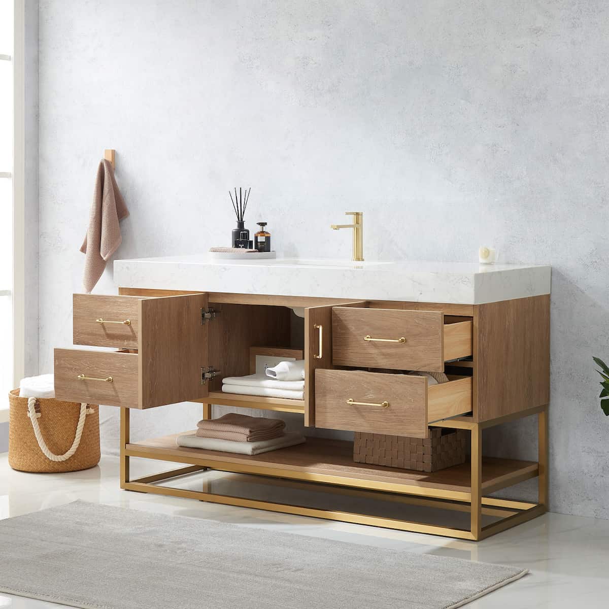 Vinnova Alistair 60 Inch Freestanding Single Vanity in North American Oak and Brushed Gold Frame with White Grain Stone Countertop Without Mirror Inside 789060S-NO-GW-NM