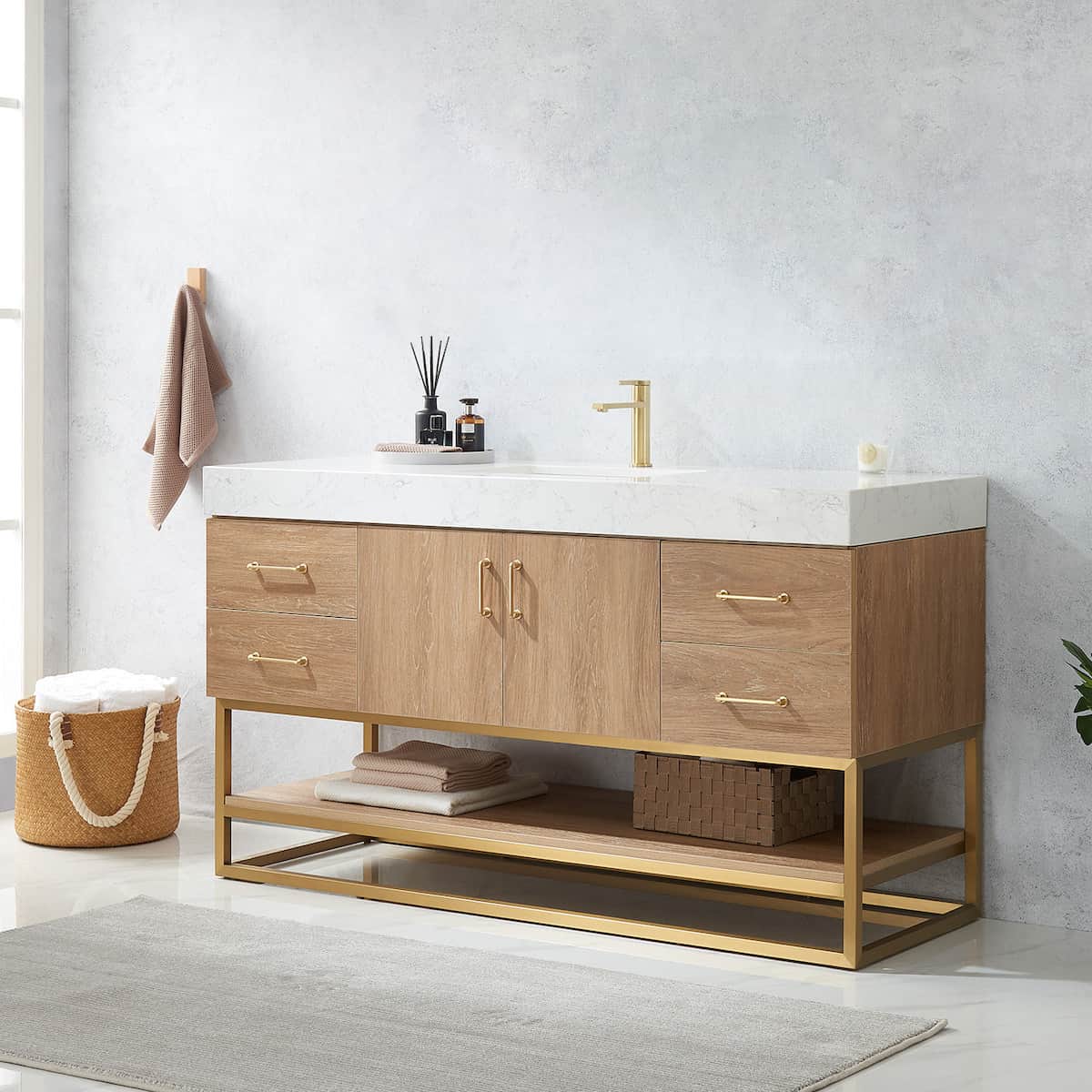 Vinnova Alistair 60 Inch Freestanding Single Vanity in North American Oak and Brushed Gold Frame with White Grain Stone Countertop Without Mirror Side 789060S-NO-GW-NM