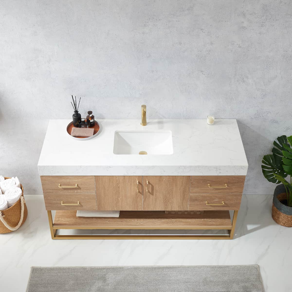 Vinnova Alistair 60 Inch Freestanding Single Vanity in North American Oak and Brushed Gold Frame with White Grain Stone Countertop Without Mirror Sink 789060S-NO-GW-NM