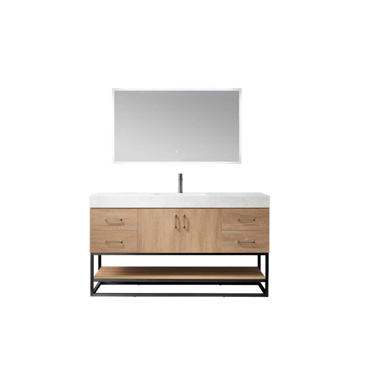 Vinnova Alistair 60 Inch Freestanding Single Vanity in North American Oak and Matte Black Frame with White Grain Stone Countertop With Mirror 789060BS-NO-GW