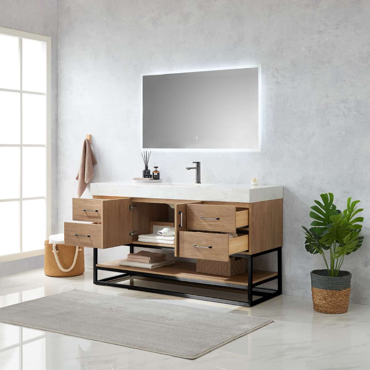 Vinnova Alistair 60 Inch Freestanding Single Vanity in North American Oak and Matte Black Frame with White Grain Stone Countertop With Mirror Inside 789060BS-NO-GW