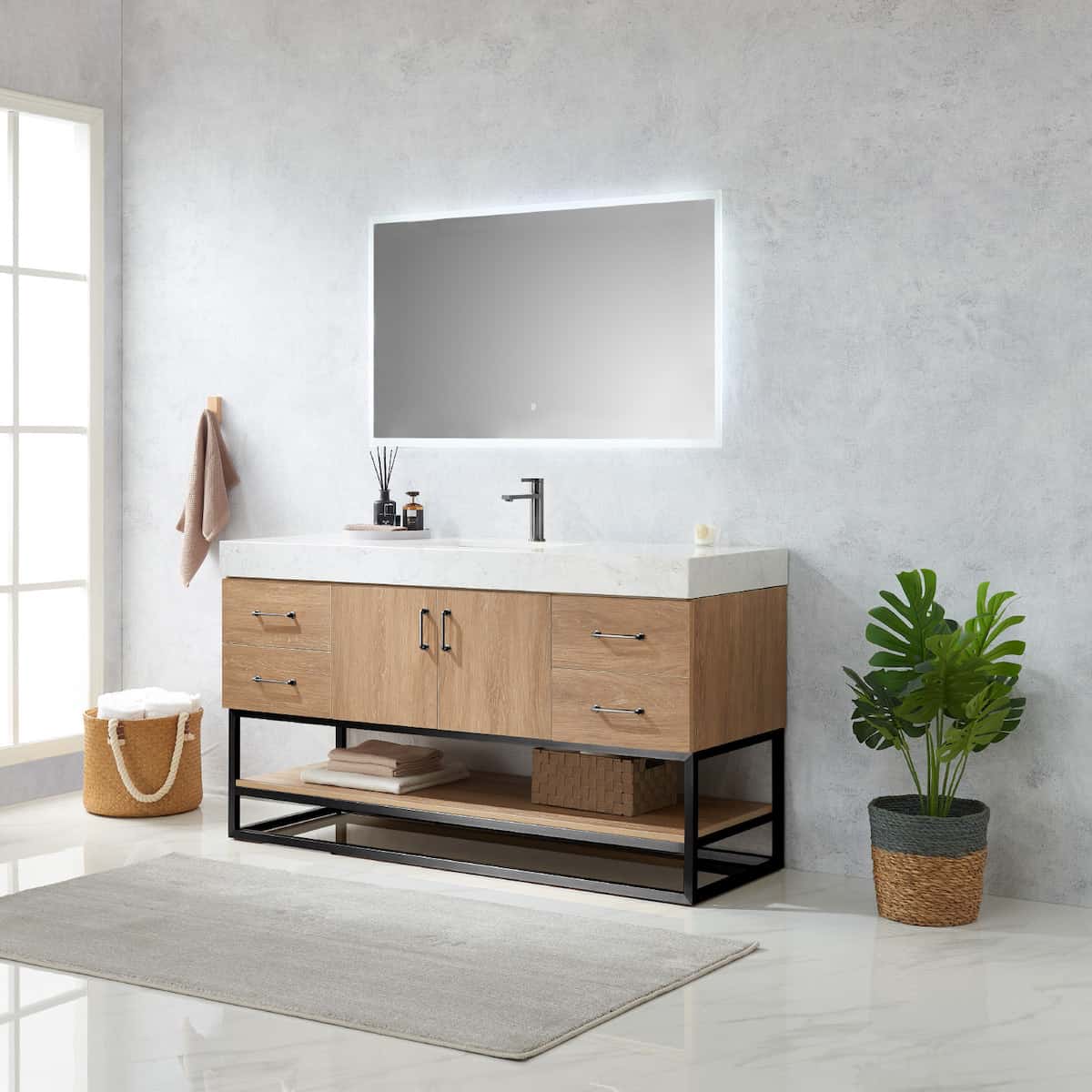 Vinnova Alistair 60 Inch Freestanding Single Vanity in North American Oak and Matte Black Frame with White Grain Stone Countertop With Mirror Side 789060BS-NO-GW
