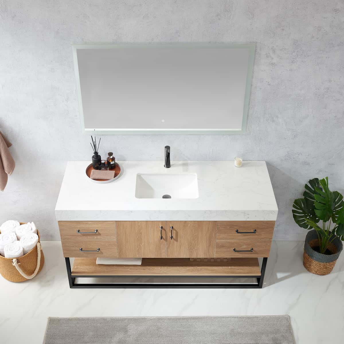 Vinnova Alistair 60 Inch Freestanding Single Vanity in North American Oak and Matte Black Frame with White Grain Stone Countertop With Mirror Sink 789060BS-NO-GW