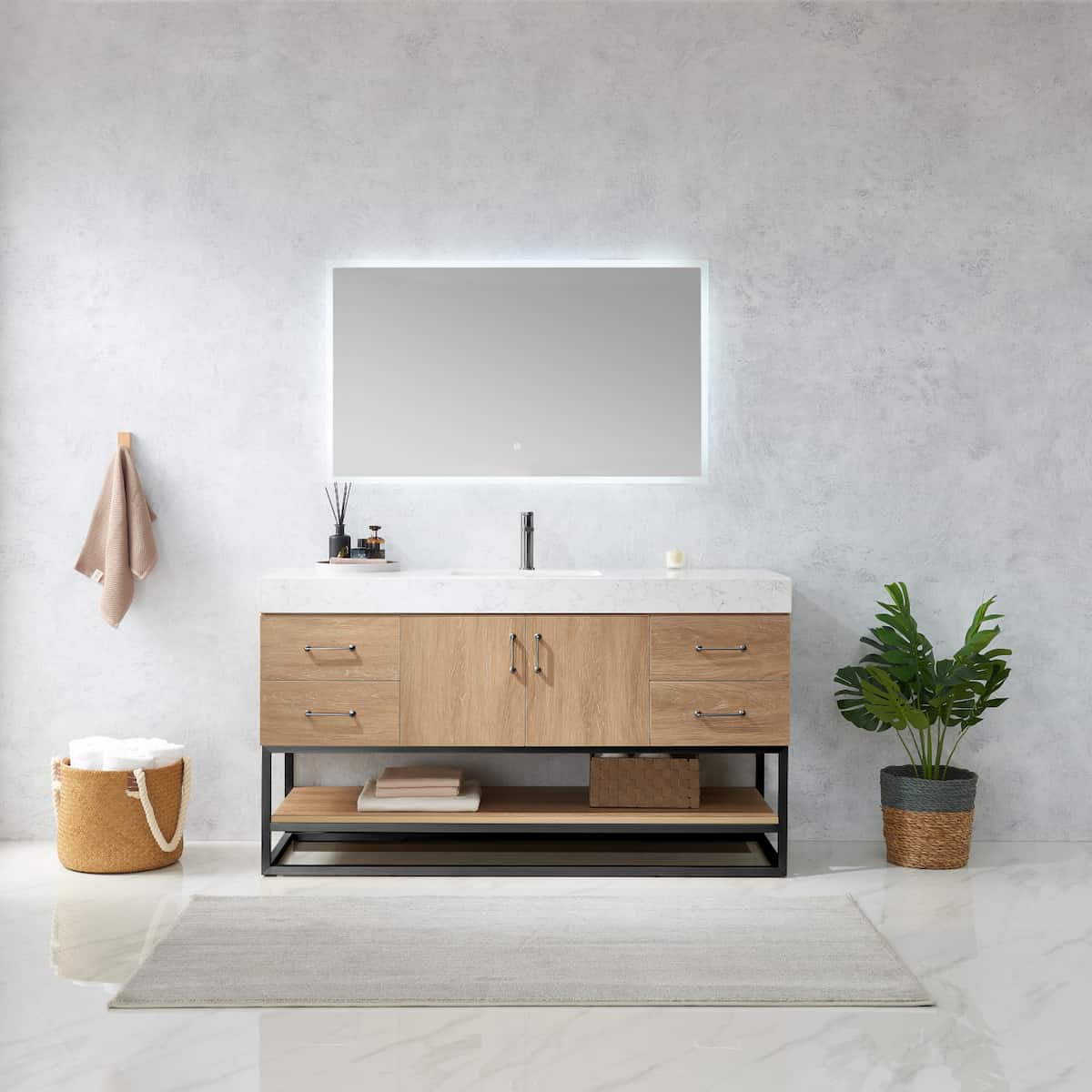 Vinnova Alistair 60 Inch Freestanding Single Vanity in North American Oak and Matte Black Frame with White Grain Stone Countertop With Mirror in Bathroom 789060BS-NO-GW