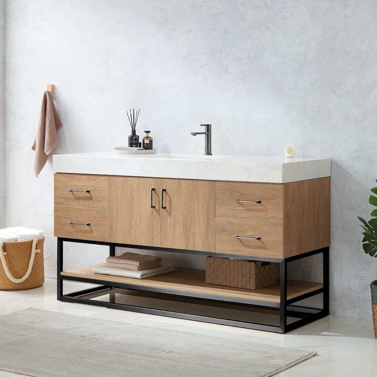 Vinnova Alistair 60 Inch Freestanding Single Vanity in North American Oak and Matte Black Frame with White Grain Stone Countertop Without Mirror Side 789060BS-NO-GW-NM