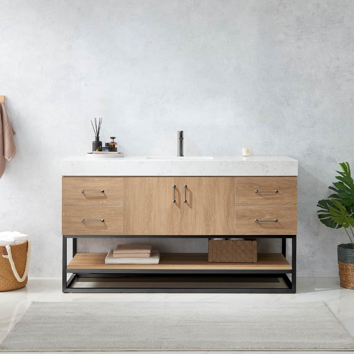Vinnova Alistair 60 Inch Freestanding Single Vanity in North American Oak and Matte Black Frame with White Grain Stone Countertop Without Mirror in Bathroom 789060BS-NO-GW-NM