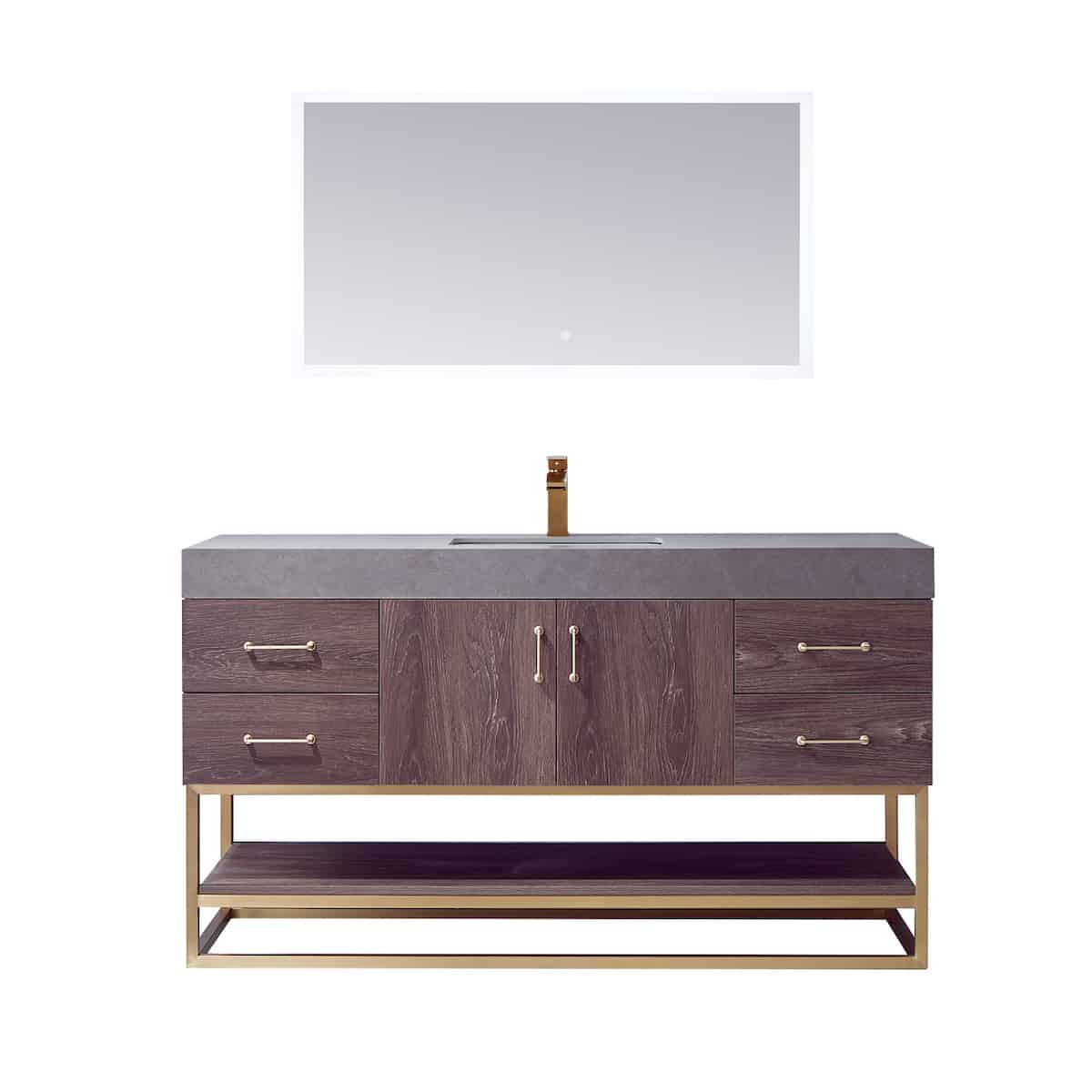 Vinnova Alistair 60 Inch Freestanding Single Vanity in North Carolina Oak and Brushed Gold Frame with  Grey Sintered Stone Top with Mirror 789060S-NC-WK