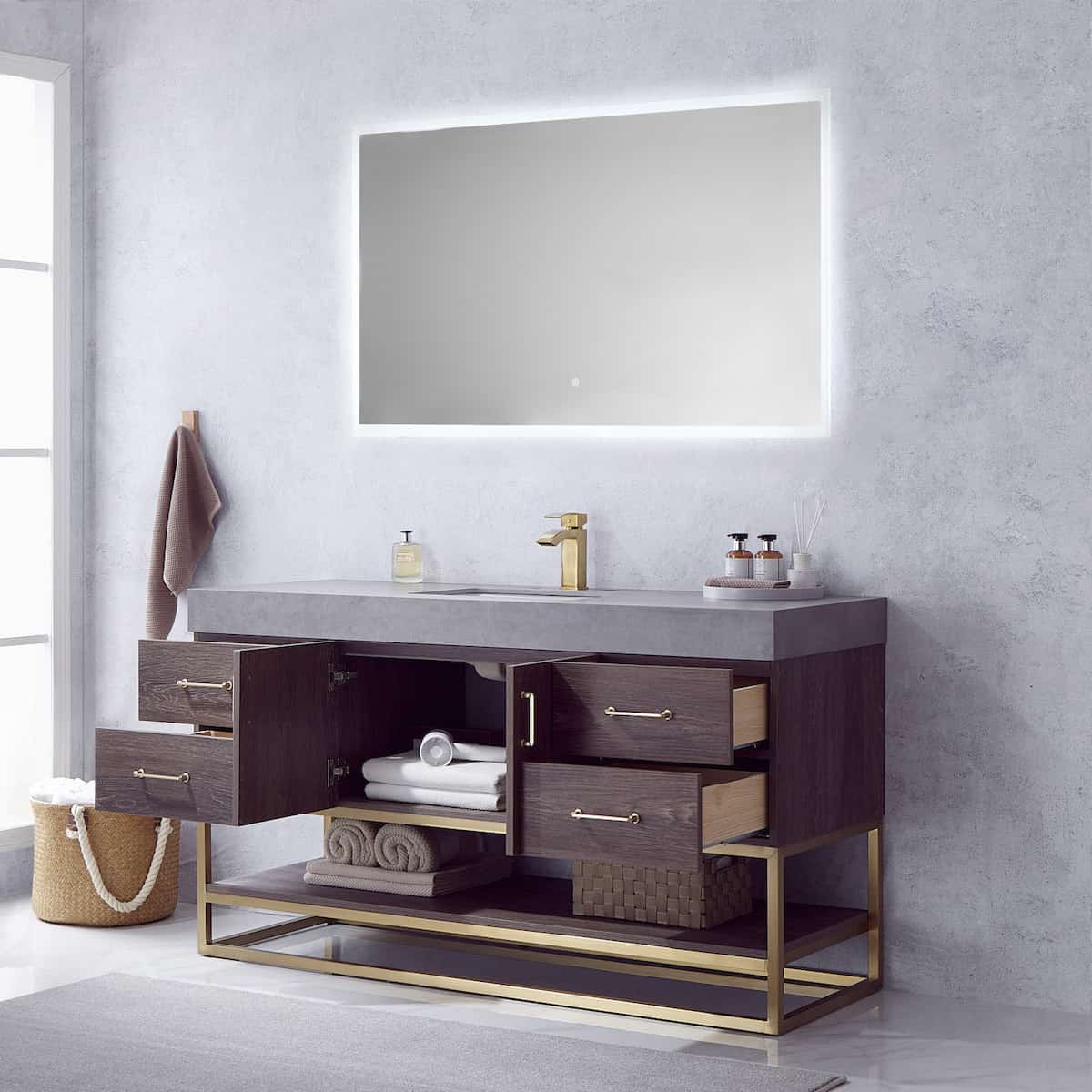 Vinnova Alistair 60 Inch Freestanding Single Vanity in North Carolina Oak and Brushed Gold Frame with  Grey Sintered Stone Top with Mirror Inside 789060S-NC-WK