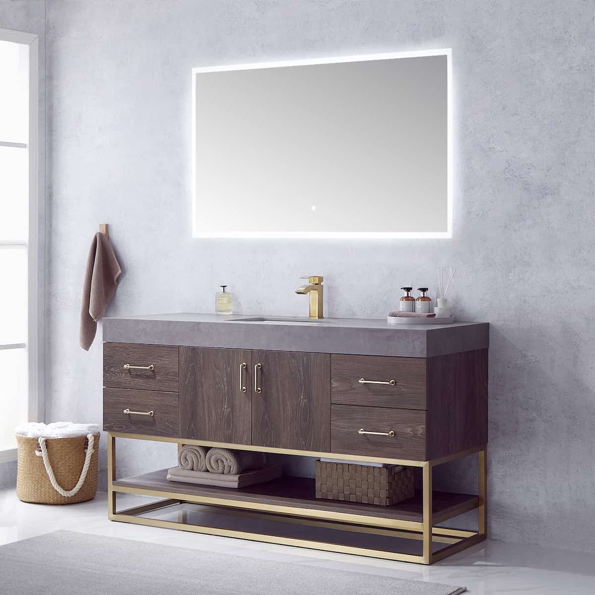 Vinnova Alistair 60 Inch Freestanding Single Vanity in North Carolina Oak and Brushed Gold Frame with  Grey Sintered Stone Top with Mirror Side 789060S-NC-WK