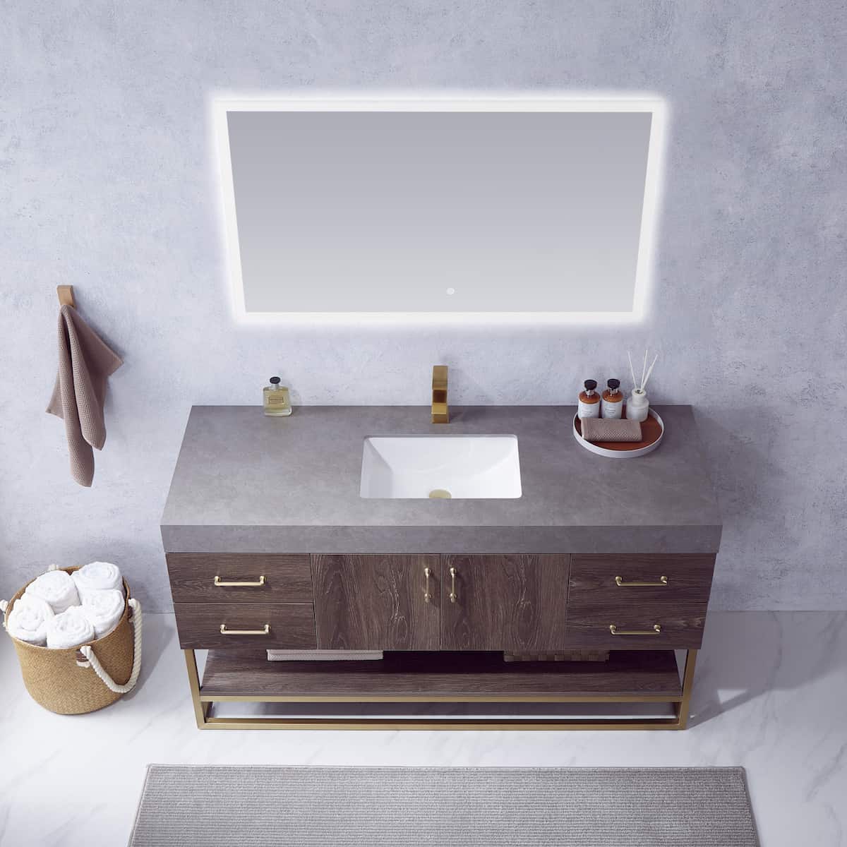 Vinnova Alistair 60 Inch Freestanding Single Vanity in North Carolina Oak and Brushed Gold Frame with  Grey Sintered Stone Top with Mirror Sink 789060S-NC-WK