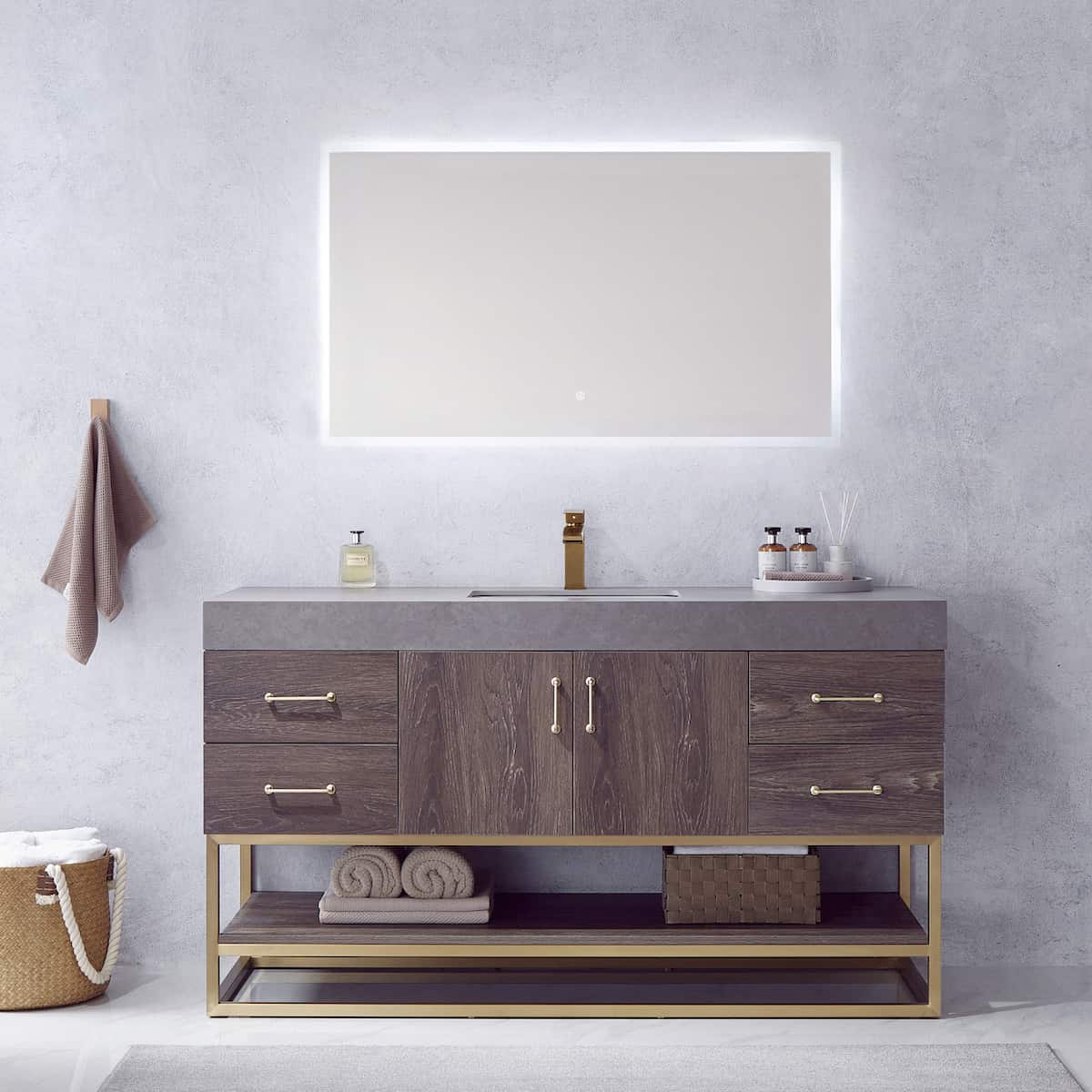 Vinnova Alistair 60 Inch Freestanding Single Vanity in North Carolina Oak and Brushed Gold Frame with  Grey Sintered Stone Top with Mirror in Bathroom 789060S-NC-WK