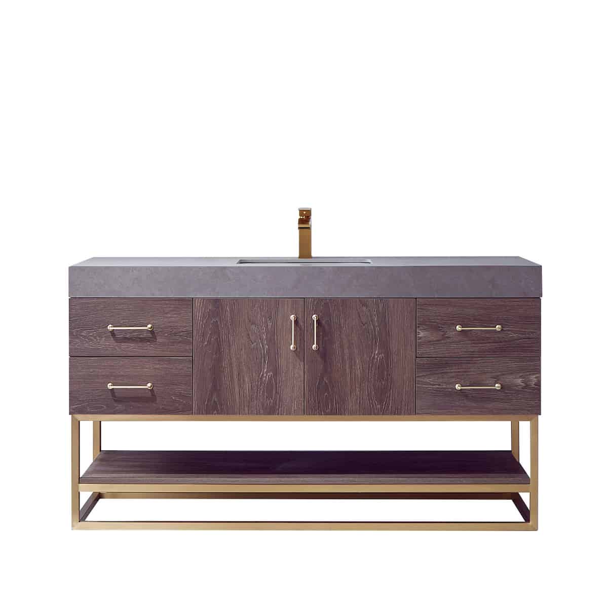 Vinnova Alistair 60 Inch Freestanding Single Vanity in North Carolina Oak and Brushed Gold Frame with  Grey Sintered Stone Top without Mirror 789060S-NC-WK-NM