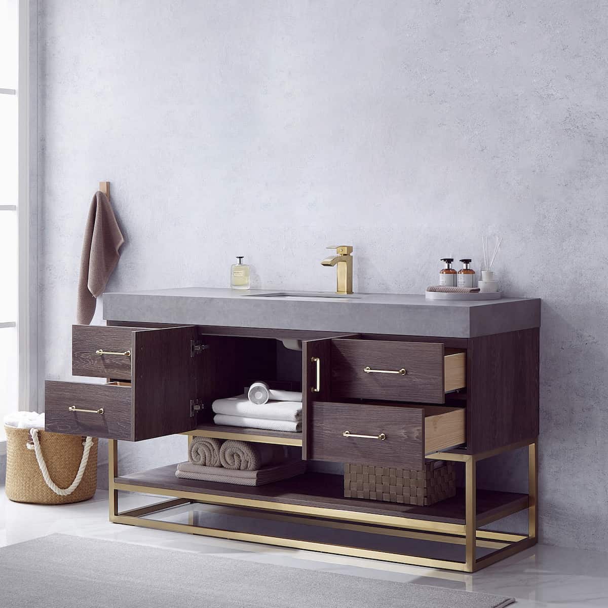 Vinnova Alistair 60 Inch Freestanding Single Vanity in North Carolina Oak and Brushed Gold Frame with  Grey Sintered Stone Top without Mirror Inside 789060S-NC-WK-NM