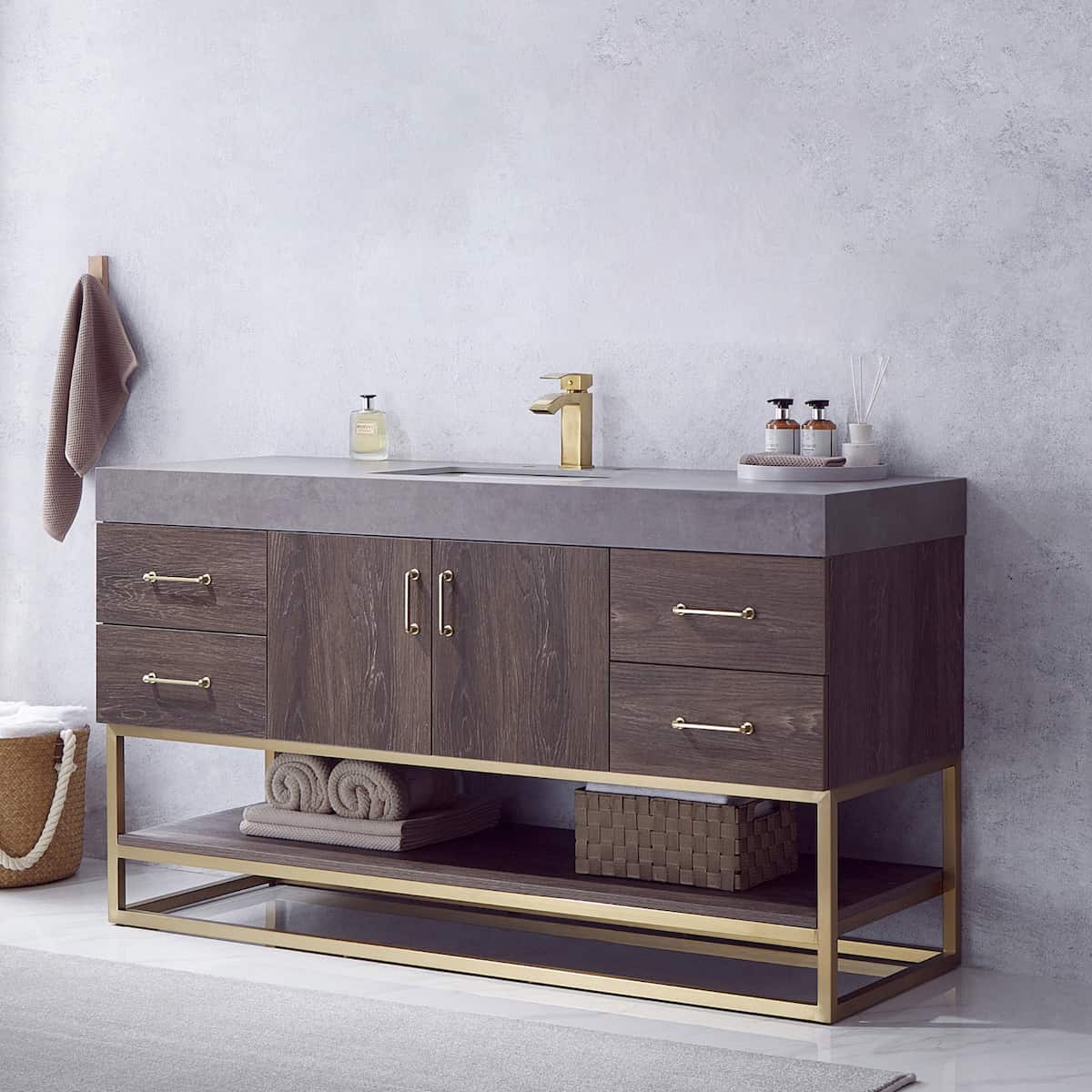 Vinnova Alistair 60 Inch Freestanding Single Vanity in North Carolina Oak and Brushed Gold Frame with  Grey Sintered Stone Top without Mirror Side 789060S-NC-WK-NM