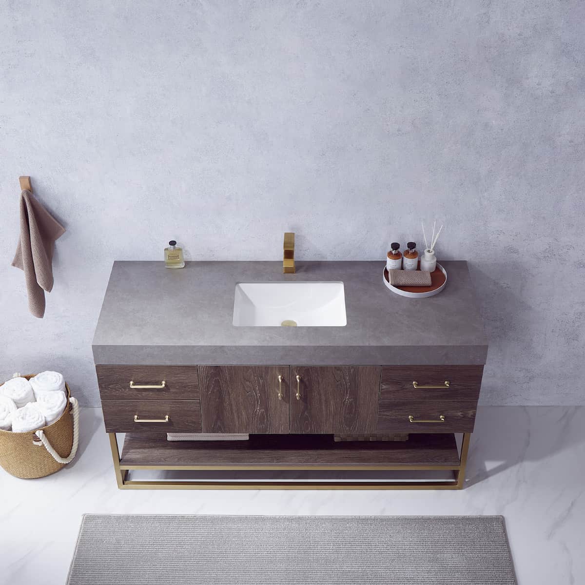 Vinnova Alistair 60 Inch Freestanding Single Vanity in North Carolina Oak and Brushed Gold Frame with  Grey Sintered Stone Top without Mirror Sink 789060S-NC-WK-NM