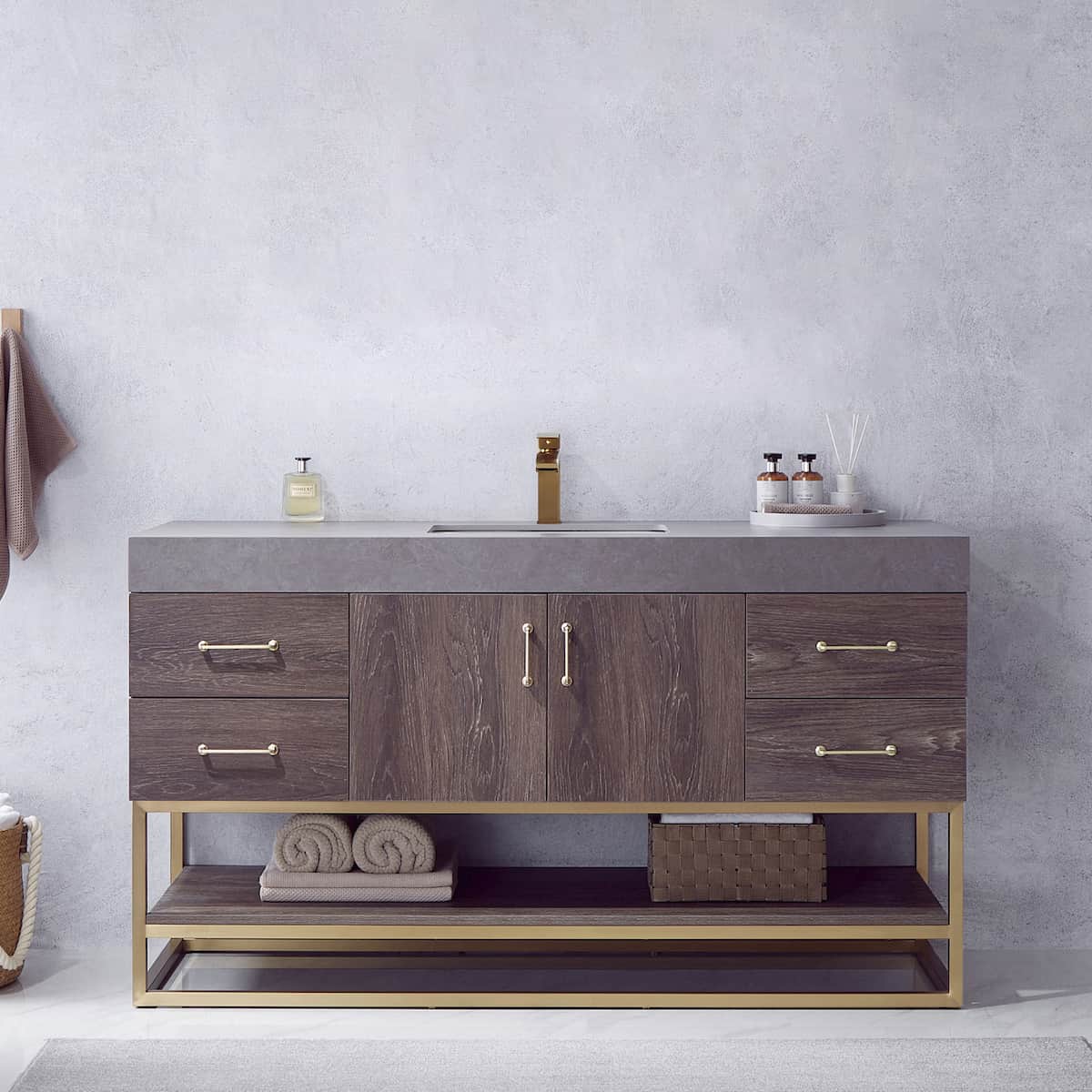 Vinnova Alistair 60 Inch Freestanding Single Vanity in North Carolina Oak and Brushed Gold Frame with  Grey Sintered Stone Top without Mirror in Bathroom 789060S-NC-WK-NM