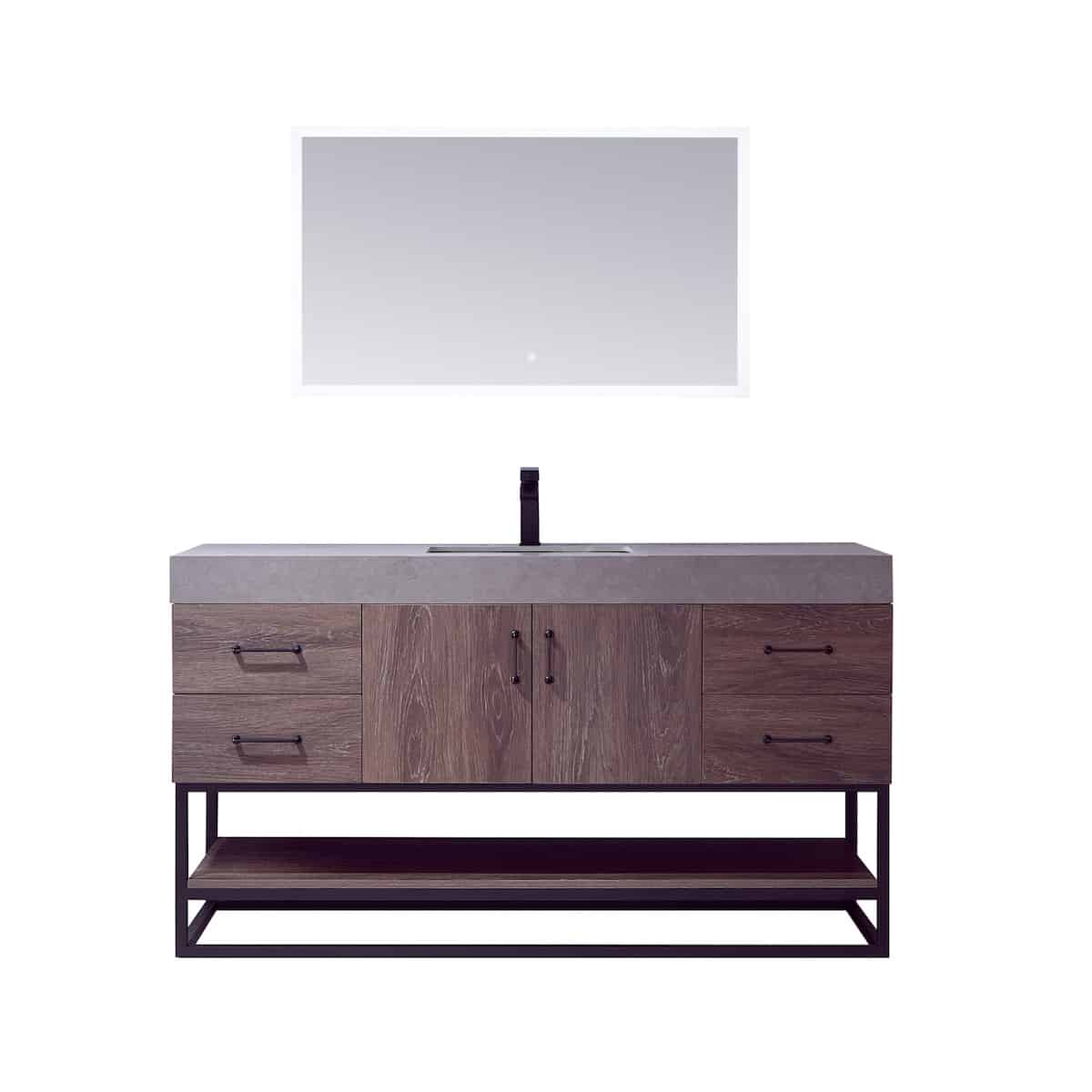 Vinnova Alistair 60 Inch Freestanding Single Vanity in North Carolina Oak and Matte Black Frame with  Grey Sintered Stone Top with Mirror 789060BS-NC-WK