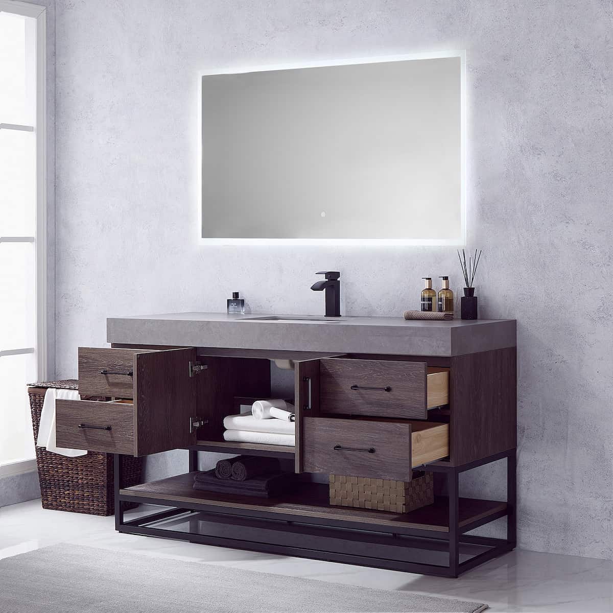Vinnova Alistair 60 Inch Freestanding Single Vanity in North Carolina Oak and Matte Black Frame with  Grey Sintered Stone Top with Mirror Inside 789060BS-NC-WK