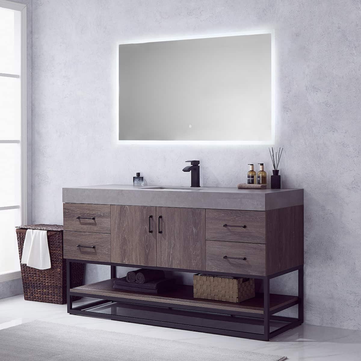 Vinnova Alistair 60 Inch Freestanding Single Vanity in North Carolina Oak and Matte Black Frame with  Grey Sintered Stone Top with Mirror Side 789060BS-NC-WK