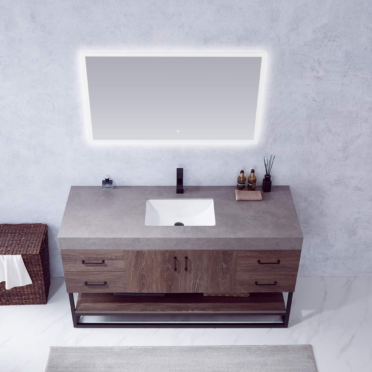 Vinnova Alistair 60 Inch Freestanding Single Vanity in North Carolina Oak and Matte Black Frame with  Grey Sintered Stone Top with Mirror Sink 789060BS-NC-WK