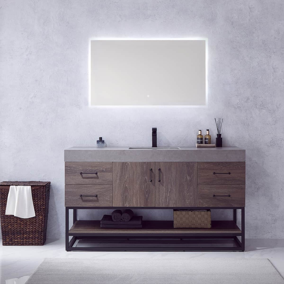 Vinnova Alistair 60 Inch Freestanding Single Vanity in North Carolina Oak and Matte Black Frame with  Grey Sintered Stone Top with Mirror in Bathroom 789060BS-NC-WK