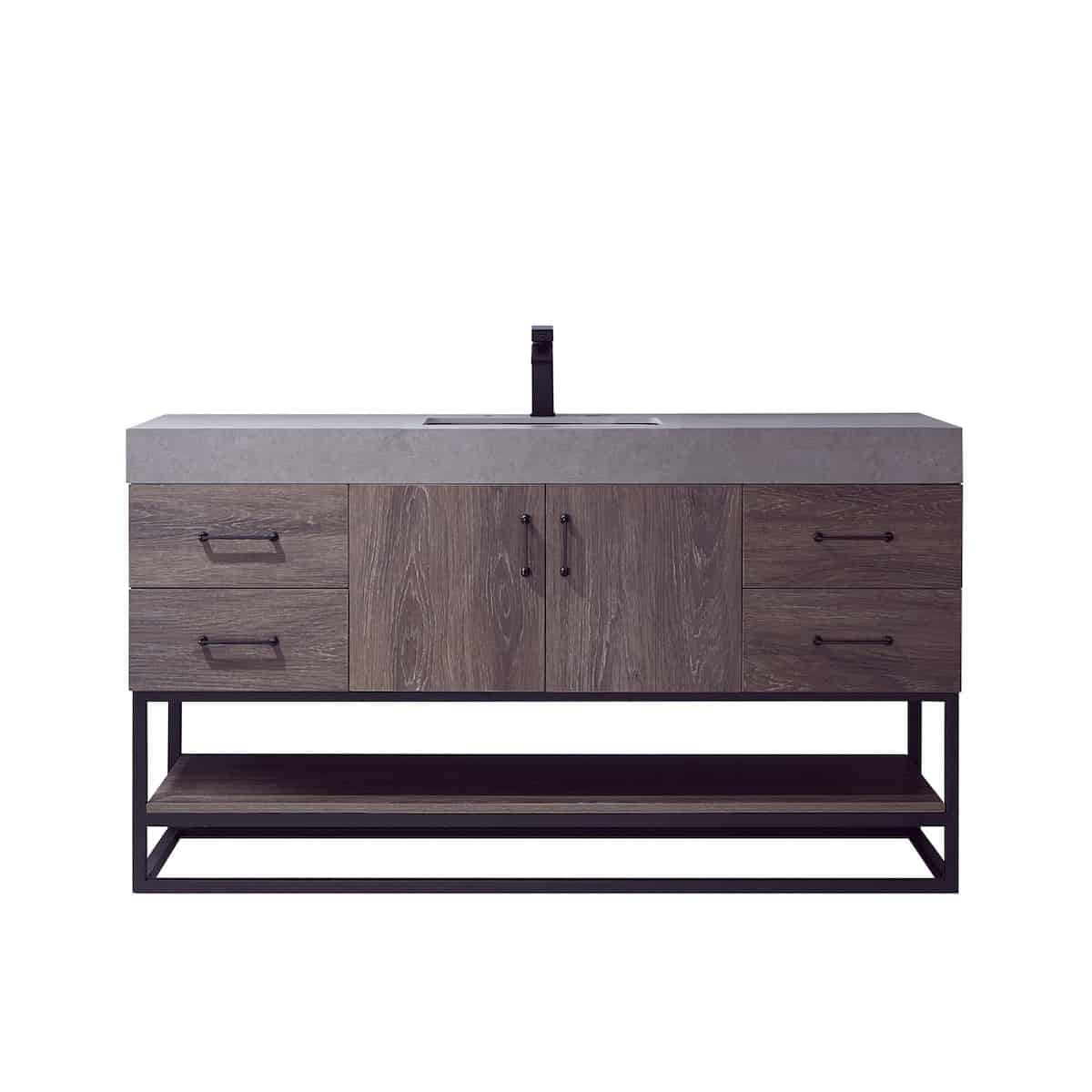Vinnova Alistair 60 Inch Freestanding Single Vanity in North Carolina Oak and Matte Black Frame with  Grey Sintered Stone Top without Mirror 789060BS-NC-WK-NM