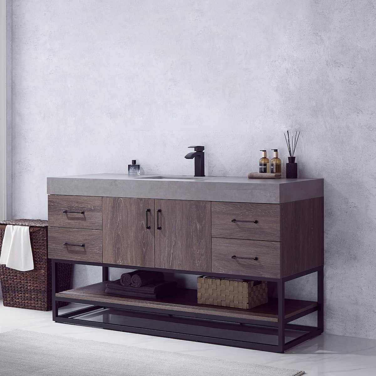 Vinnova Alistair 60 Inch Freestanding Single Vanity in North Carolina Oak and Matte Black Frame with  Grey Sintered Stone Top without Mirror Side 789060BS-NC-WK-NM