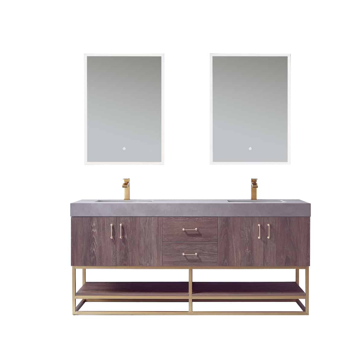 Vinnova Alistair 72 Inch Freestanding Double Sink Bath Vanity in North Carolina Oak and Brushed Gold Frame with Grey Sintered Stone Top With Mirrors 789072-NC-WK