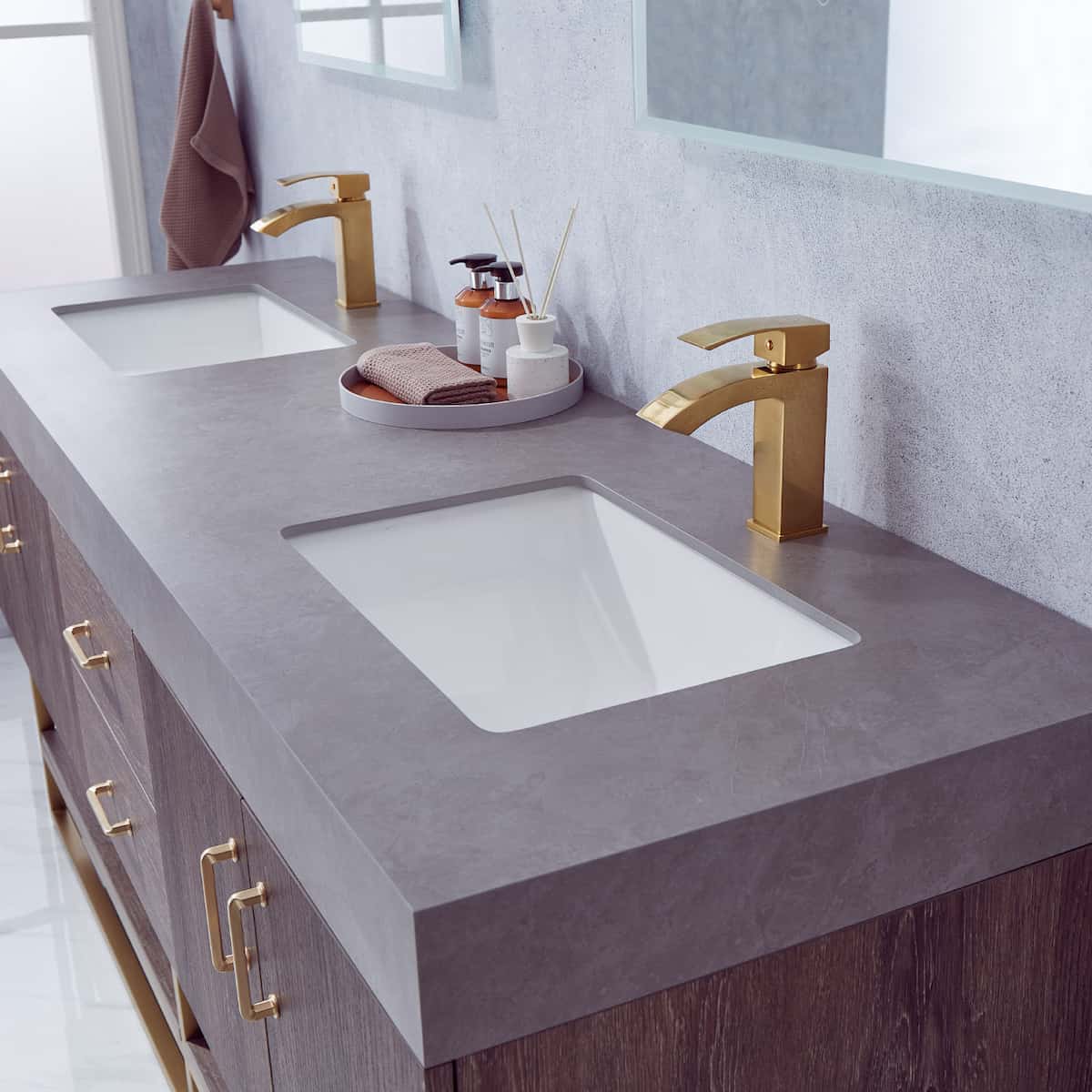 Vinnova Alistair 72 Inch Freestanding Double Sink Bath Vanity in North Carolina Oak and Brushed Gold Frame with Grey Sintered Stone Top With Mirrors Counter 789072-NC-WK