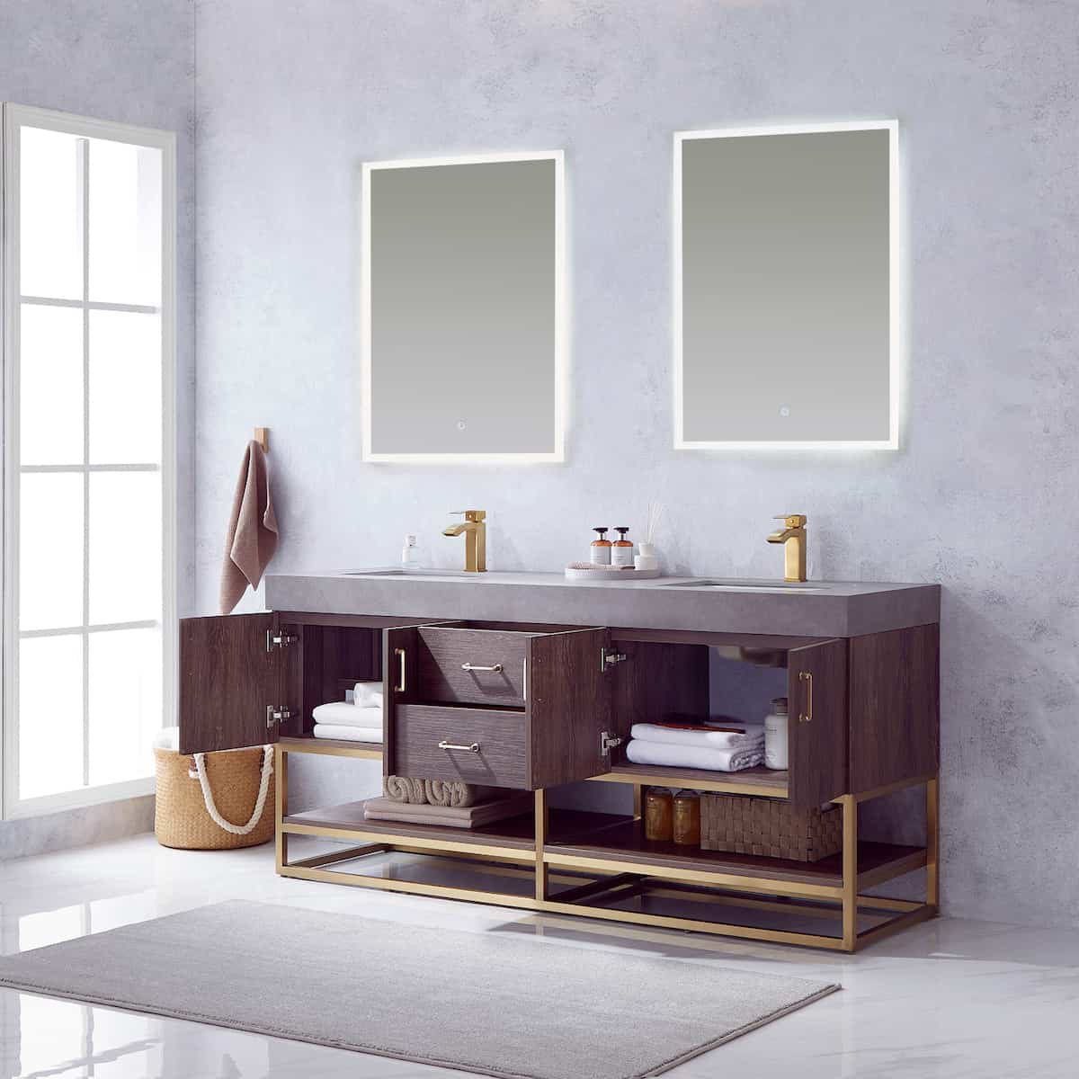 Vinnova Alistair 72 Inch Freestanding Double Sink Bath Vanity in North Carolina Oak and Brushed Gold Frame with Grey Sintered Stone Top With Mirrors Inside 789072-NC-WK