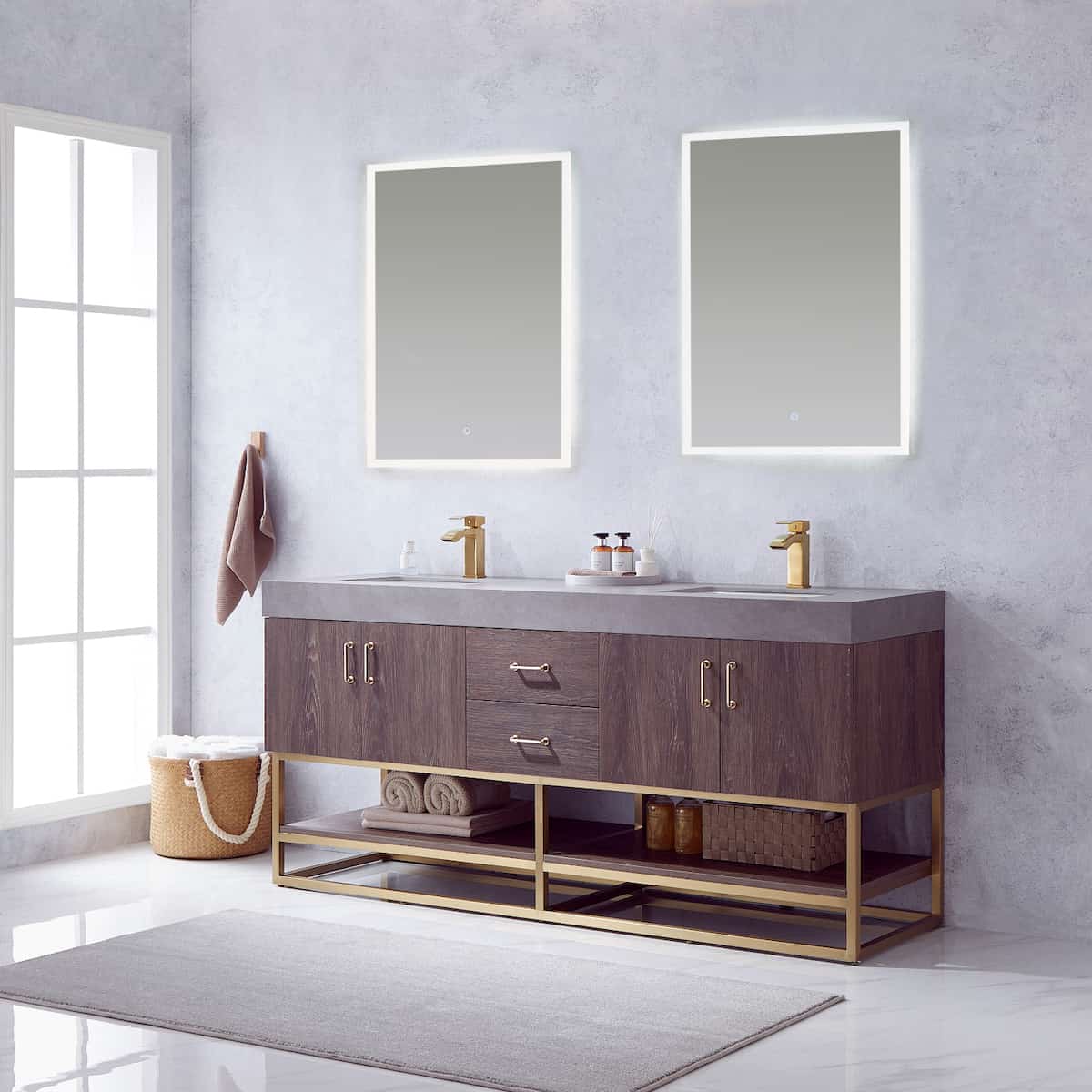 Vinnova Alistair 72 Inch Freestanding Double Sink Bath Vanity in North Carolina Oak and Brushed Gold Frame with Grey Sintered Stone Top With Mirrors Side 789072-NC-WK