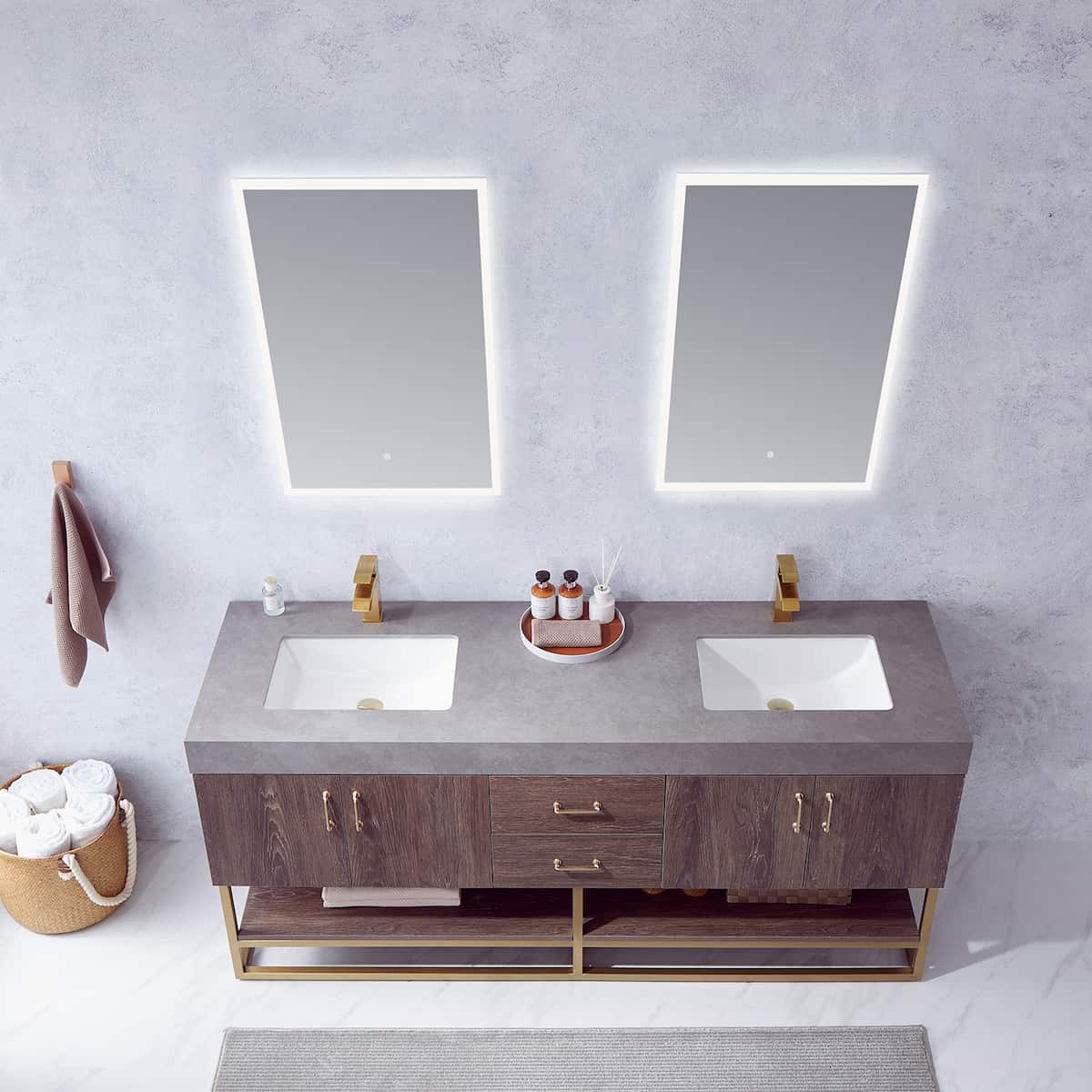 Vinnova Alistair 72 Inch Freestanding Double Sink Bath Vanity in North Carolina Oak and Brushed Gold Frame with Grey Sintered Stone Top With Mirrors Sinks 789072-NC-WK