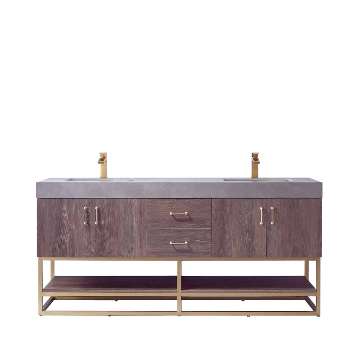 Vinnova Alistair 72 Inch Freestanding Double Sink Bath Vanity in North Carolina Oak and Brushed Gold Frame with Grey Sintered Stone Top Without Mirrors 789072-NC-WK-NM