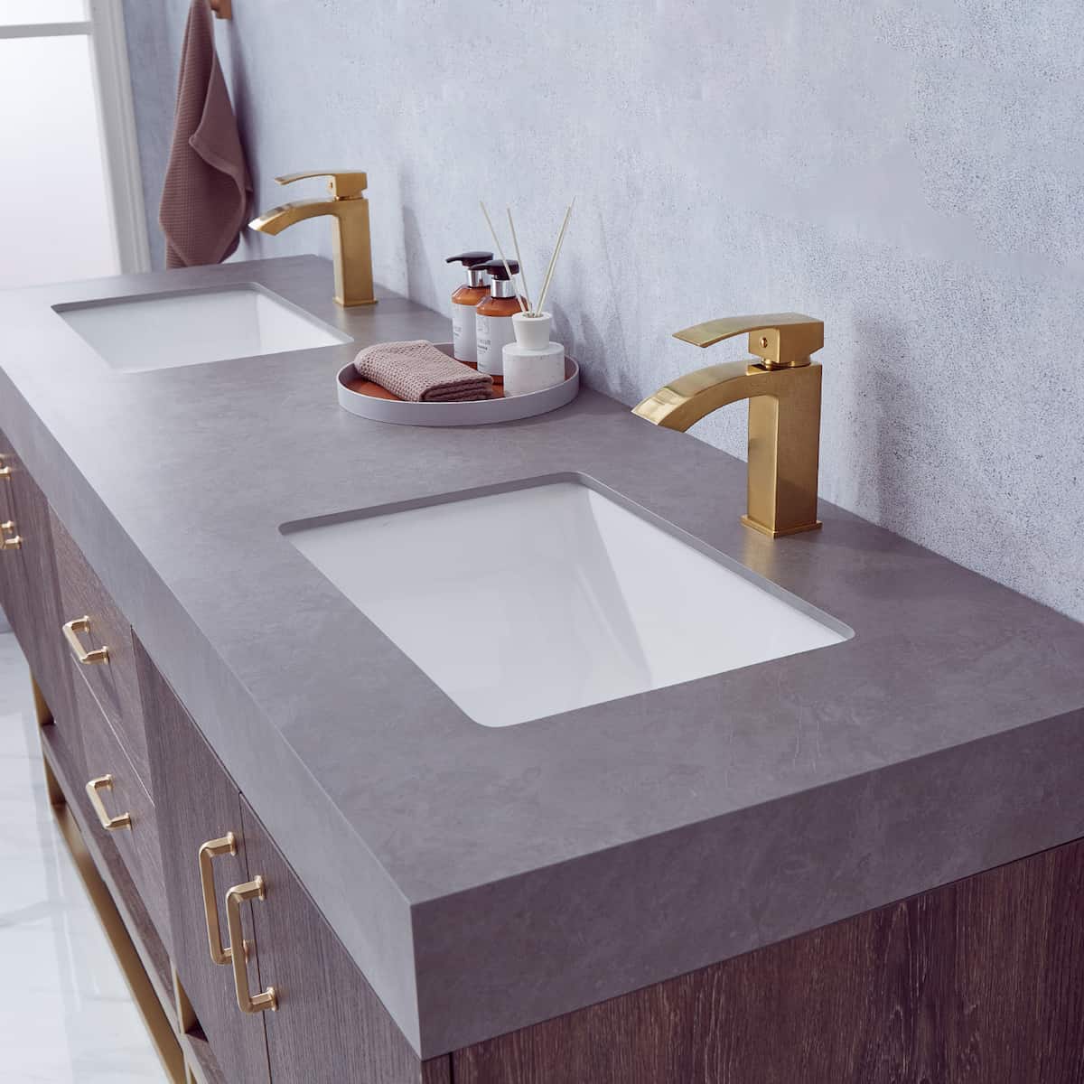 Vinnova Alistair 72 Inch Freestanding Double Sink Bath Vanity in North Carolina Oak and Brushed Gold Frame with Grey Sintered Stone Top Without Mirrors Counter 789072-NC-WK-NM