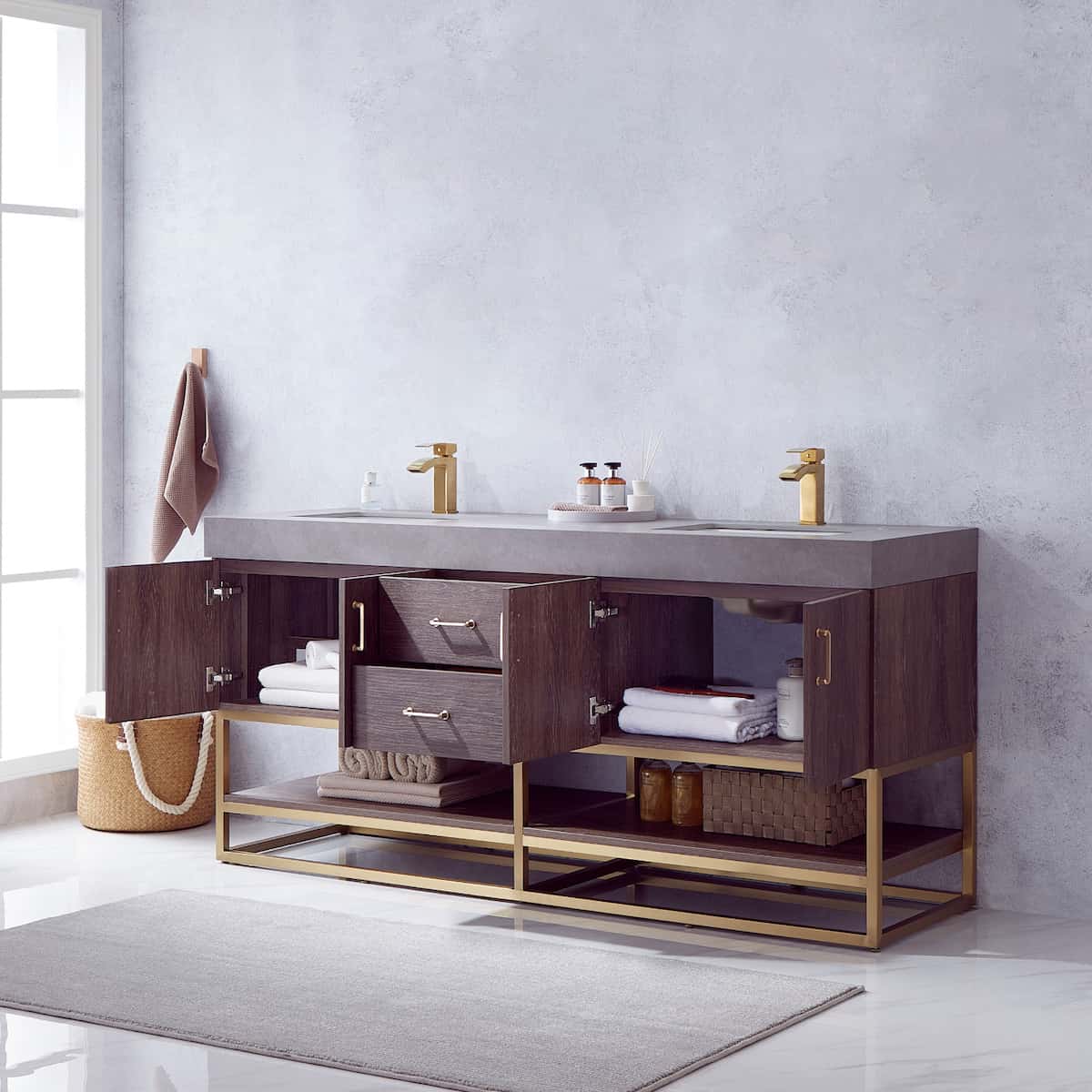 Vinnova Alistair 72 Inch Freestanding Double Sink Bath Vanity in North Carolina Oak and Brushed Gold Frame with Grey Sintered Stone Top Without Mirrors Inside 789072-NC-WK-NM
