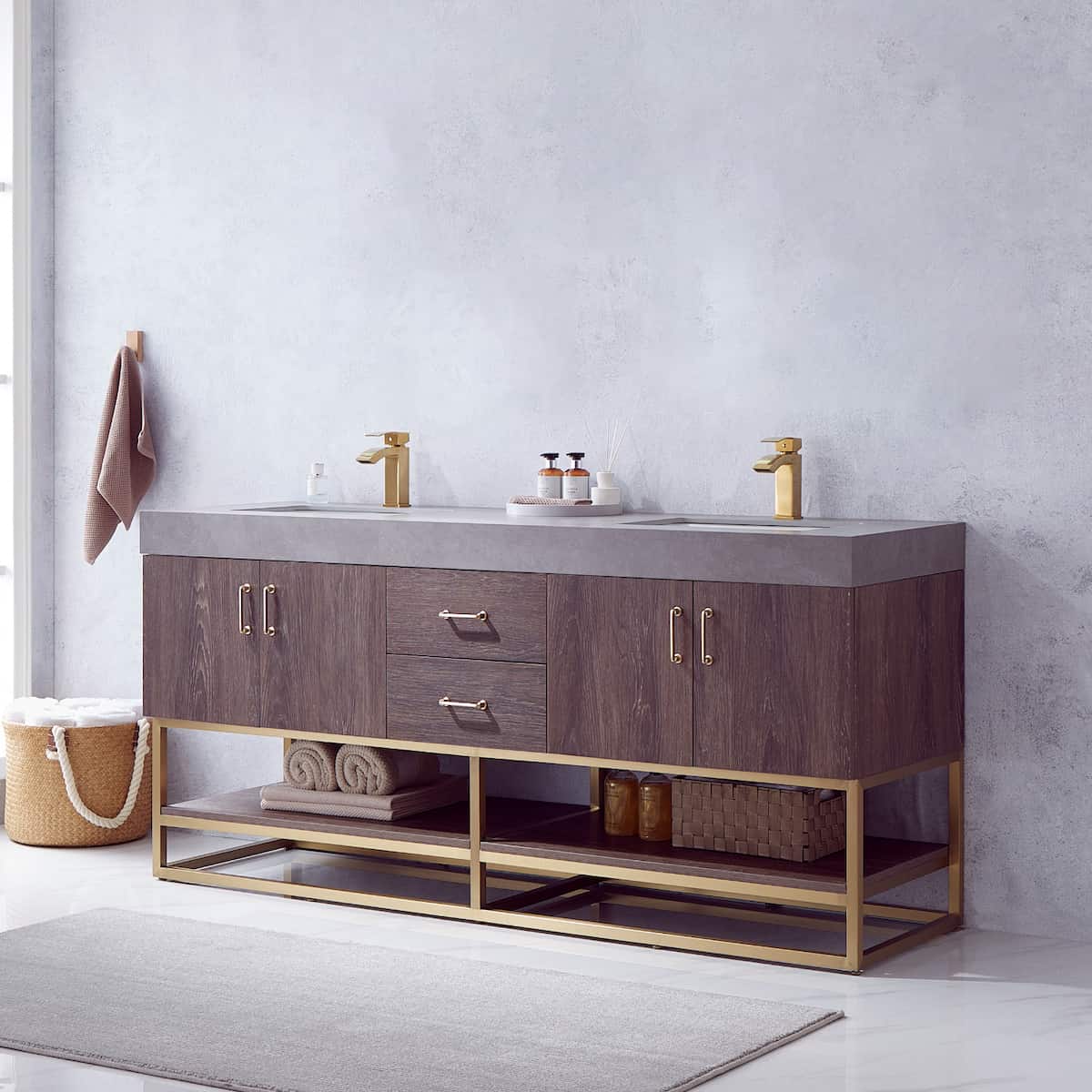 Vinnova Alistair 72 Inch Freestanding Double Sink Bath Vanity in North Carolina Oak and Brushed Gold Frame with Grey Sintered Stone Top Without Mirrors Side 789072-NC-WK-NM